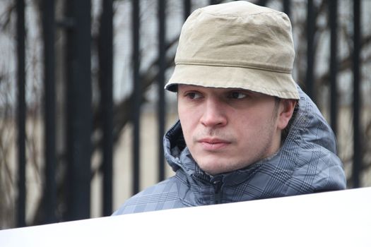 Moscow, Russia - April 10, 2012. Politician Mikhail Velmakin near prison where there is an arrested politician Nikolay Lyaskin. Liyaskin was detained for attempt to ustnovit protest tent on the Red Square