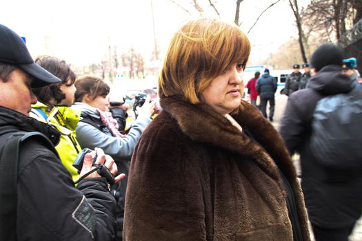 Moscow, Russia - April 10, 2012. lawyer Violetta Volkova near prison where there is an arrested politician Nikolay Lyaskin. Liyaskin was detained for attempt to ustnovit protest tent on the Red Square