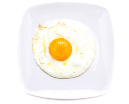 Fried egg on plate on white background seen from above