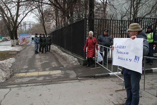 Moscow, Russia - April 10, 2012. Politician Mikhail Velmakin near prison where there is an arrested politician Nikolay Lyaskin. Liyaskin was detained for attempt to ustnovit protest tent on the Red Square