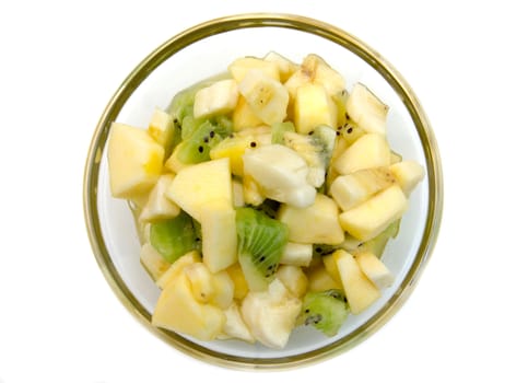 Bowl with fruit salad on white background top view