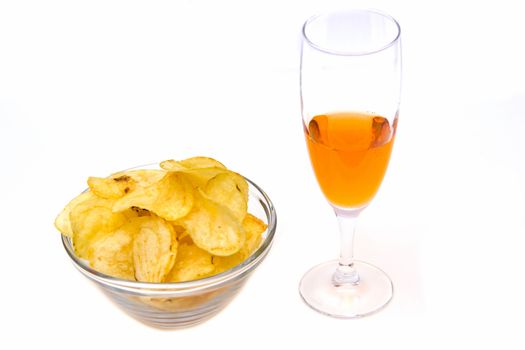 Bars with the bowl of potato chips on white background
