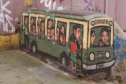 Colourful murals decorating buildings in the coastal city of Valparaiso in Chile. Graffiti is common in Chilean cities such as Valparaiso and is very much part of the culture and heritage of what is now also a UNESCO World Heritage Site.