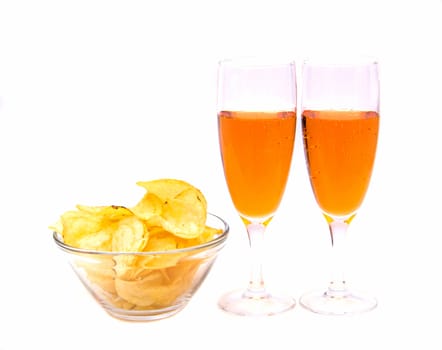 Double appetizer with chips on white background