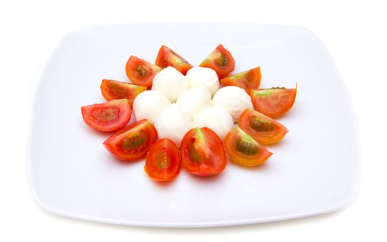 Plate with mozzarella and tomato on white background