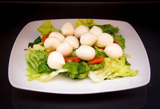 Salad with tomatoes and mozzarella on a black background