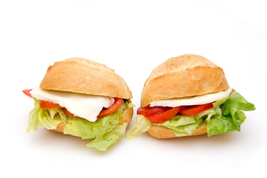 Sandwiches with cheese and tomatoes on white background