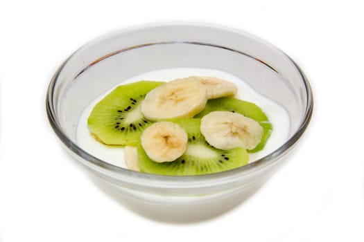 Yogurt with kiwi and banana on white background