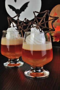 Jelly dessert with cream and chocolate cobwebs