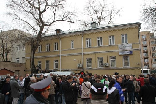 Moscow, Russia - April 19, 2012. Near the building of the Khamovniki court to an unauthorized action there were supporters of the verdict of not guilty for arrested