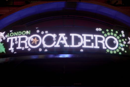 LONDON, UK - JANUARY 02: Neon sign at the entrance to London Trocadero shopping centre. January 02, 2015 in London.