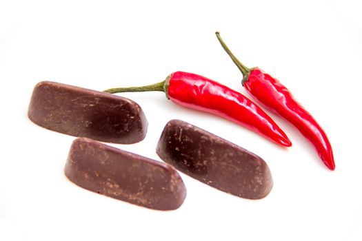 Chocolate with chilli seen up close on a white background