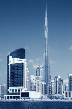 Vertical view of Dubai skyline, special photographic processing, UAE. 