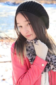 Teen girl outside on a cold winters day