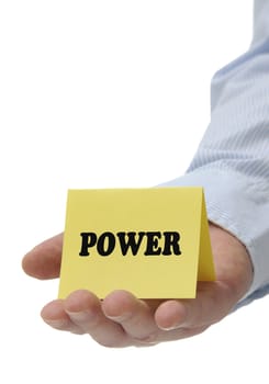 Business man holding yellow power sign on hand 