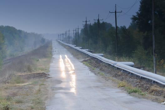 The car runs on wood asphalted road along the pipeline vague cloudy in the morning. The track is laid in the woods, on both sides of the road trees. The road passes through a transmission line.