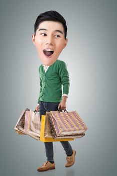 Funny shopping Asian guy, full length portrait.