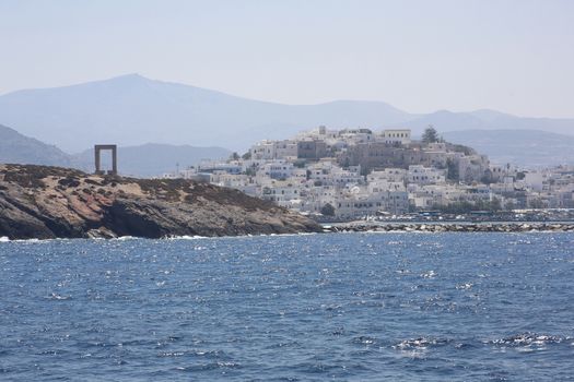 View on Naxos and Portala gate seen from the boat