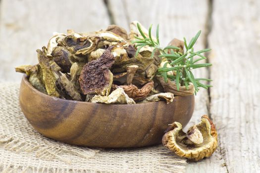 dried mushrooms in a bowl on wooden background