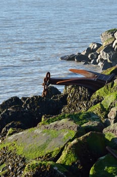Rusty anchor on rocks