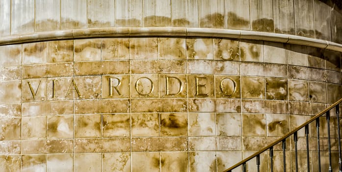 BEVERLY HILLS, CA/USA - JANUARY 3, 2015: Landmark Via Rodeo wall engraving. Via Rodeo is a luxury shopping district in Los Angeles, California.