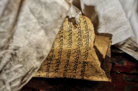 Close-up view of ancient buddhist texts