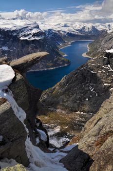 View of Trolltunga and the valley underneath from the distance, Norway