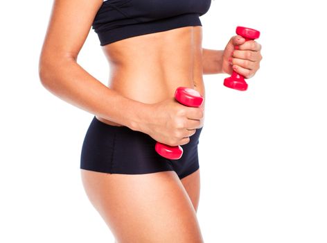 Beautiful slim woman with dumbbells, isolated on white background