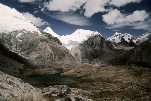 Stunning view of highest mountain peaks in Peruvian Andes, Cordillera Blanca