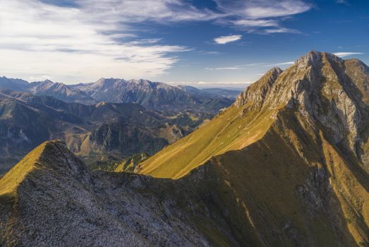 Scenic mountain range of Belianske Tatry in Slovakia on sunny autumn day