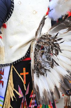 Native american indian tribal dancer performing outside.