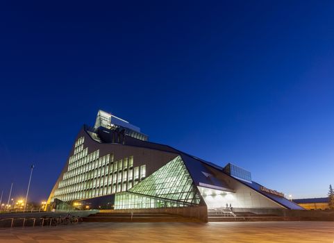 RIGA, LATVIA - OCTOBER 29, 2014: New Building of National Library of Latvia, known also as the Castle of Light will be the main venue in Riga for the Latvian Presidency of the Council of the European Union.