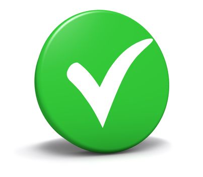 Check mark symbol and icon on green round button for approved, correct and check list concept and web graphic on white background.