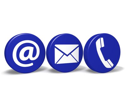 Web and Internet contact us concept with email, at and telephone icons and symbol on three blue round buttons isolated on white background.