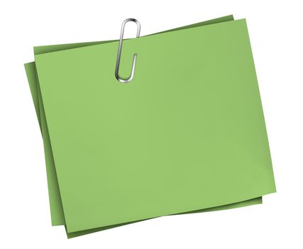 Green business blank note paper for office, advertising and message with silver paper clip isolated on white background.