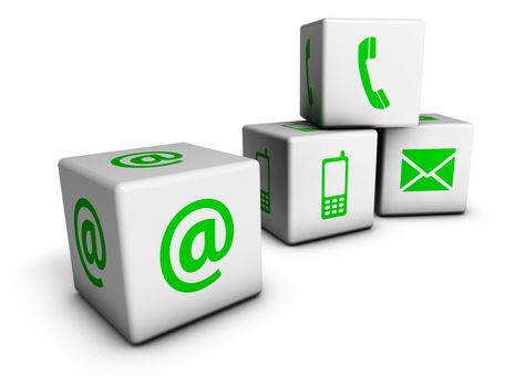 Website and Internet contact us concept with green icons and symbol on four cubes isolated on white background.