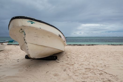 Caribbean sunrise on sandy beach with palm trees and boat