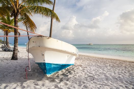 Caribbean sunrise on sandy beach with palm trees and boat