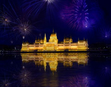 Fireworks and Hungarian parliament, Budapest