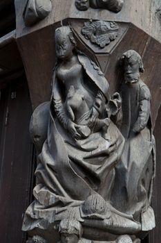 Wooden sculptures on the wall of the house. Tours, Touraine France