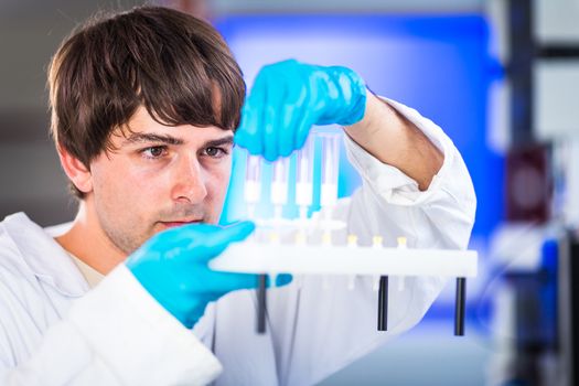 Young male researcher carrying out scientific research in a lab (shallow DOF; color toned image)