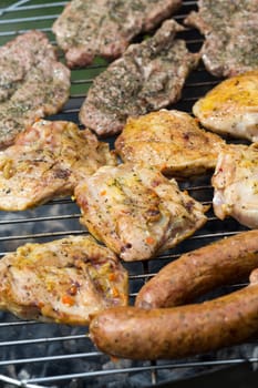 barbecue with delicious grilled meat on grill 