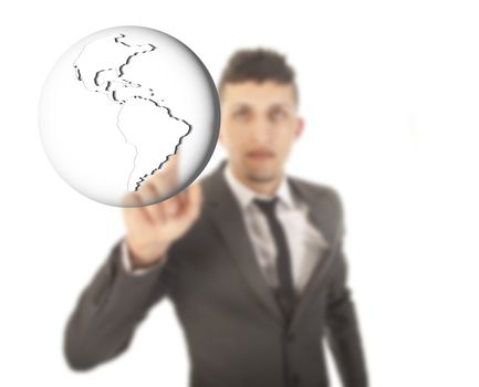 Young businessman with earth globe isolated on white background