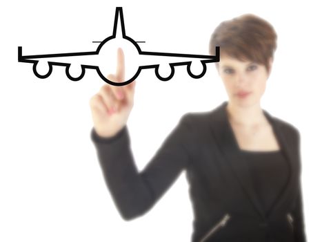 Young businesswoman with plane isolated on white background