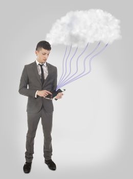 Young business man with streaming data with cloud