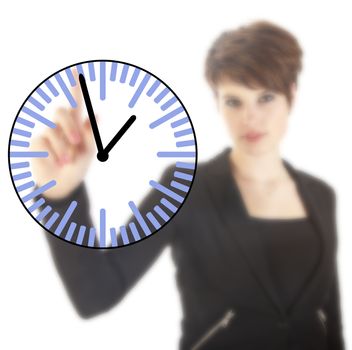 Young businesswoman with clock isolated on white background