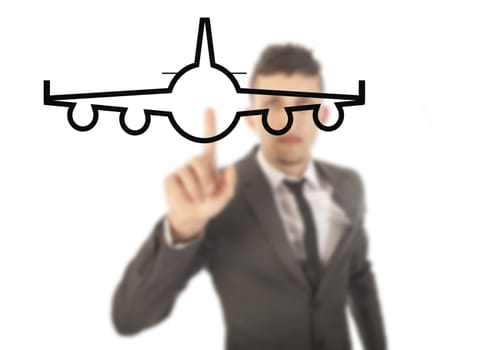 Young businessman with airplane isolated on white background