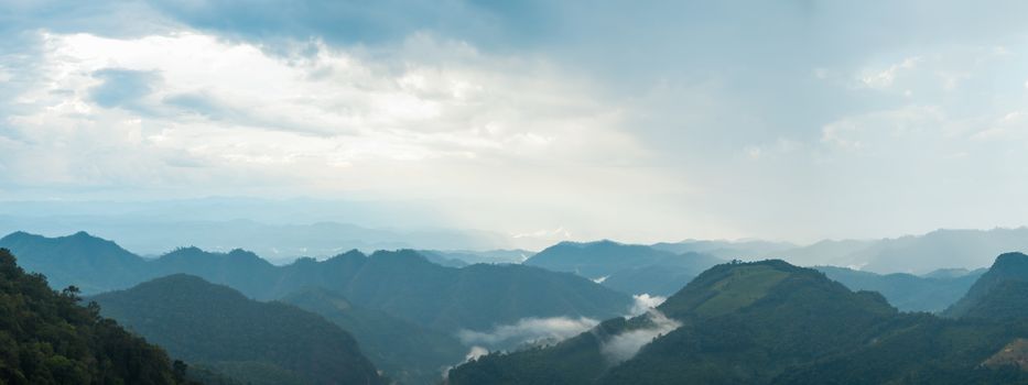 Panorama high mountains covered with fog. High mountains covered with fog and a timber completely. fog in the evening.