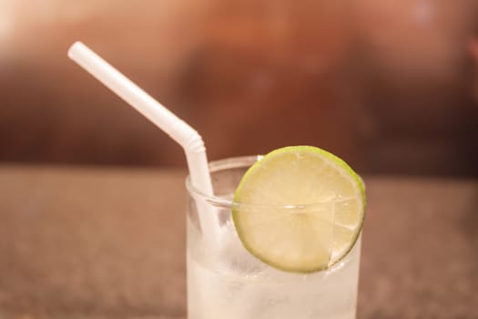 Closeup glass of ice lemon juice, stock photo