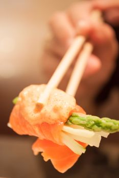 Closeup salmon mentai sauce  on white plate, stock photo